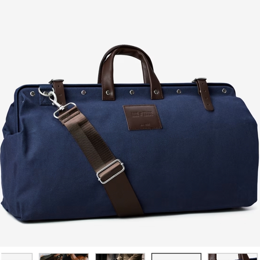 Bespoke Post Line of Trade Canvas Weekender Travel Bag Navy Brown Leather NWOT